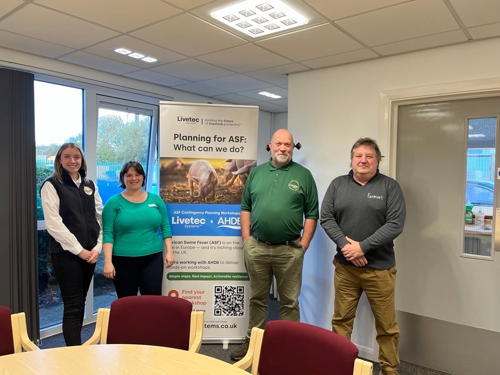 From left to right: Amy Davies (Biosecurity Advisor, Livetec), Miranda Poulson (Senior Animal Health & Welfare Scientist, AHDB), Dr Paul Talling (Biosecurity Advisor, Livetec) and Adrian Cox (Clinical Director, Farmvet). 